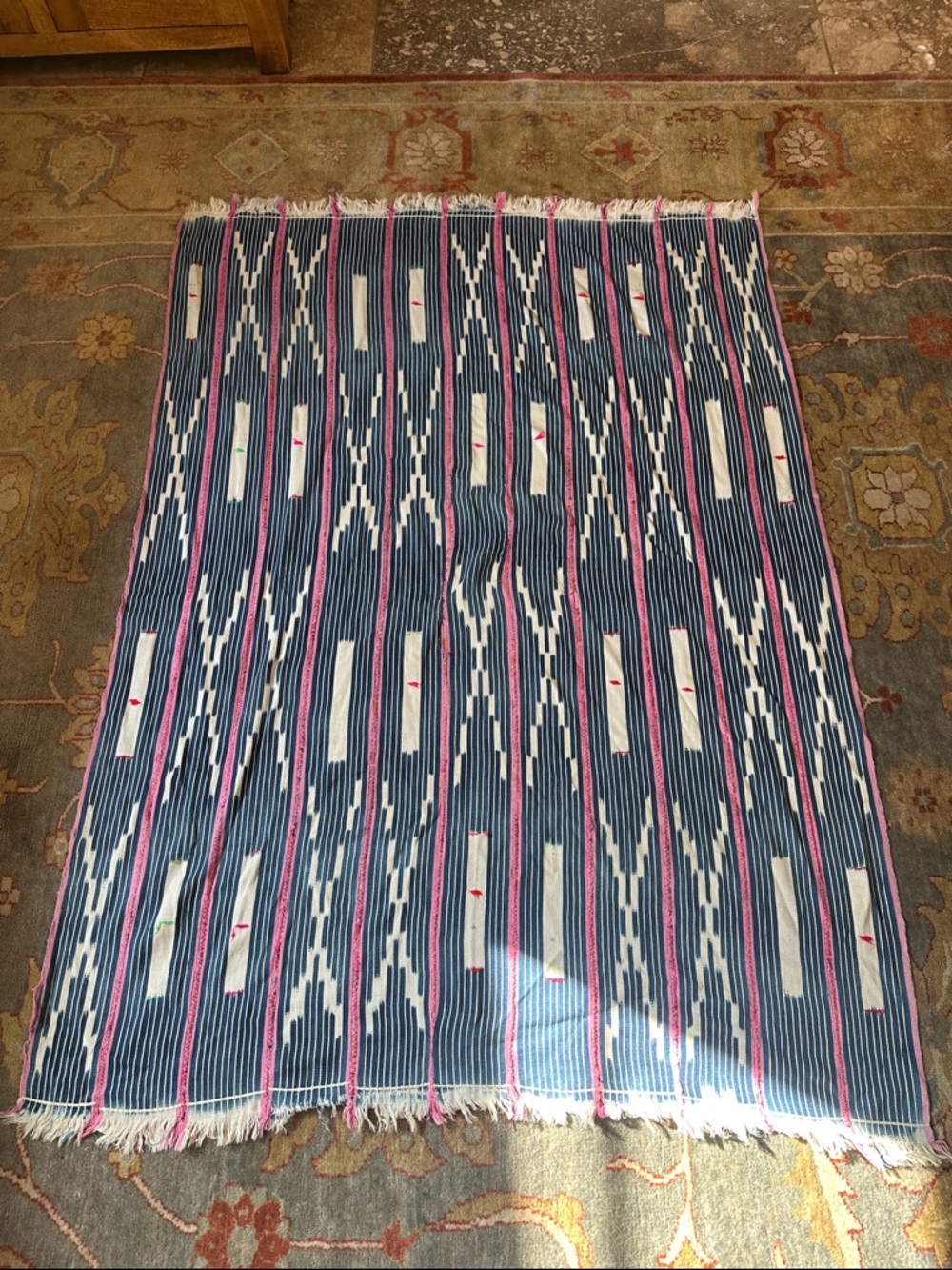 Blue & Pink Striped Ikat Handwoven MudCloth - Picture 2 of 5